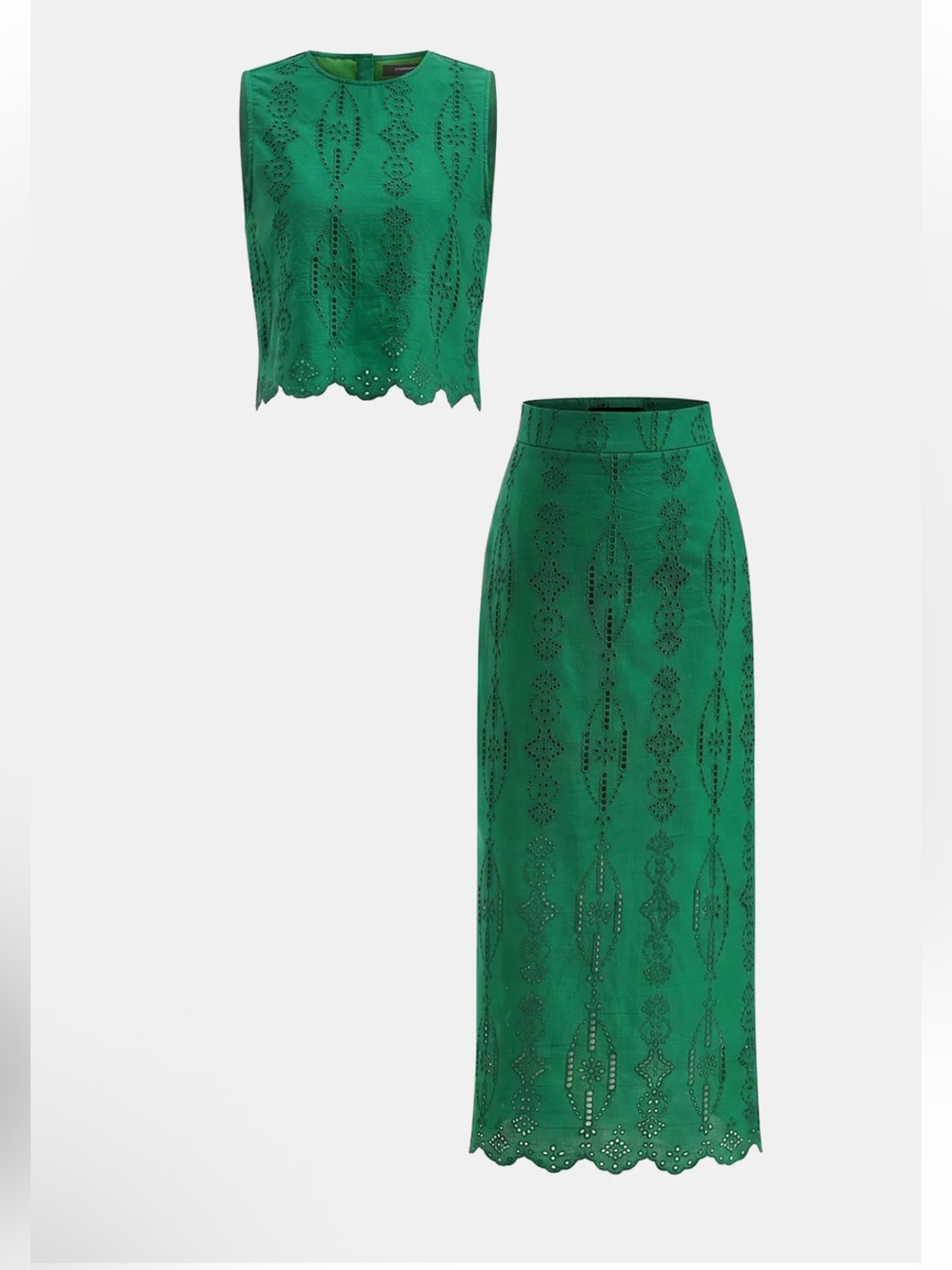 Commense Cotton Eyelet Embroidery Top & Midi Skirt Set Size XL Green